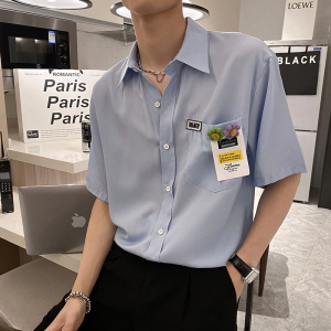 社会风纯色贴标宽松短袖衬衫潮男B297-7732-P58控78