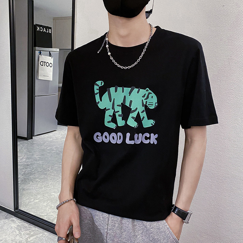 社会风纯色圆领卡通老虎印花短袖T恤B297-210-P35控58图片