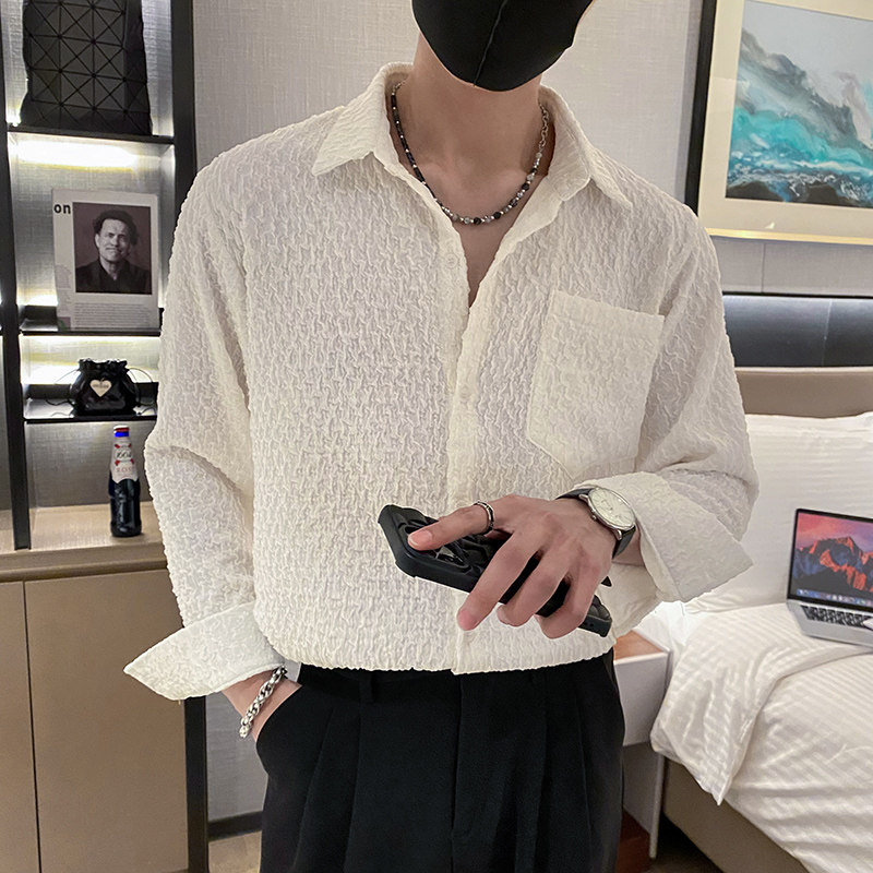 社会轻奢潮纯色高品质提花宽松蝙蝠袖衬衫潮牌B297-2311-P68控98图片