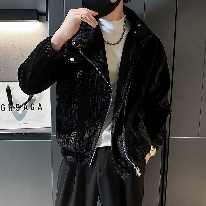 社会轻奢纯色丝绒不对称双头斜拉链夹克B297-302-P115,男装夹克,电商B297