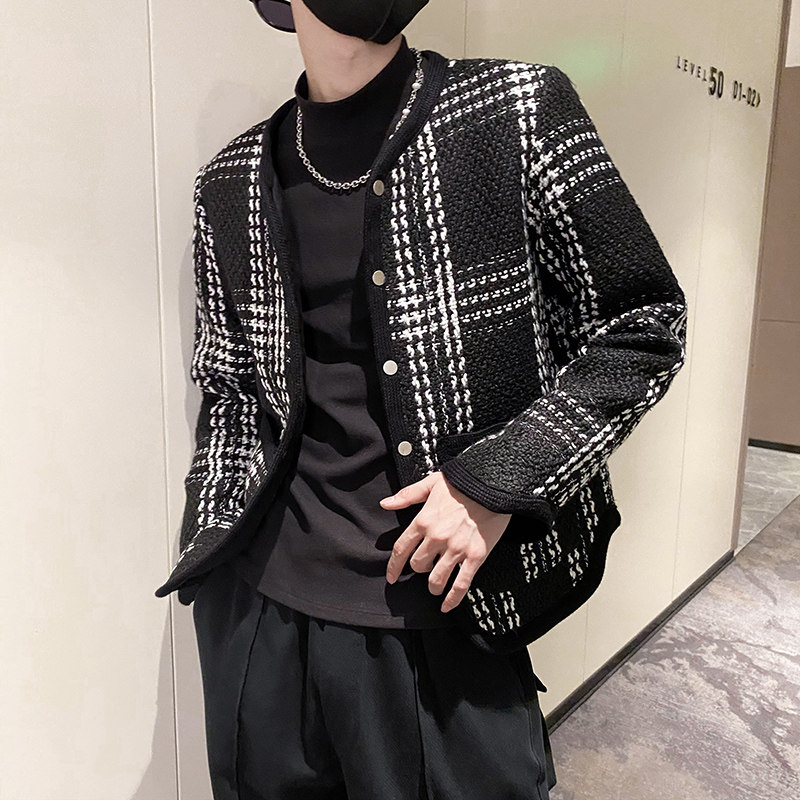 社会风纯色格子无领加厚纽扣衣B297-7758-P130控168图片