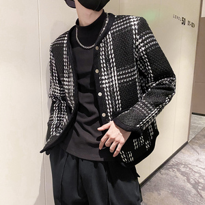 社会风纯色格子无领加厚纽扣衣B297-7758-P130控168图片