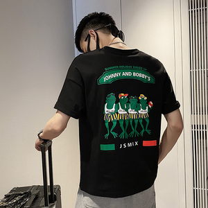 社会风后背青蛙印花宽松T恤潮男B297-158-P35控58图片