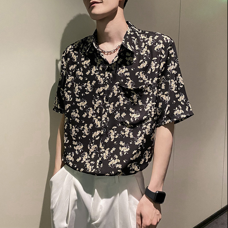 社会轻奢宽松休闲碎花夏季短袖花衬衫B297-7779-P58控78图片