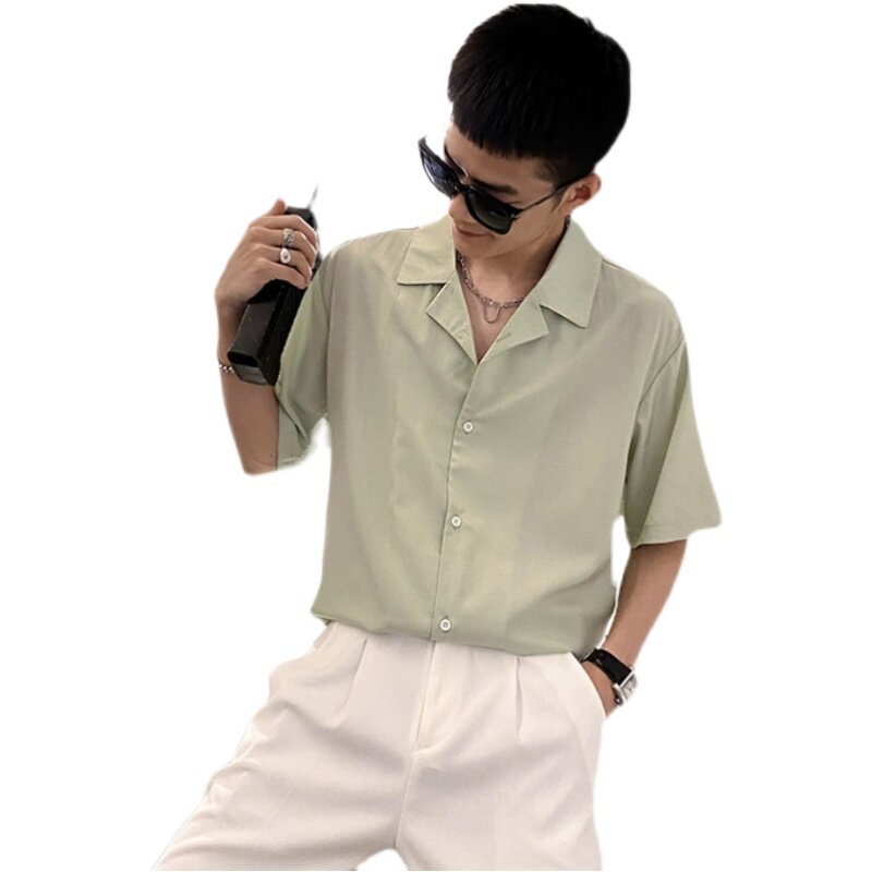 社会风纯色半袖宽松西装领休闲衬衫潮男B297-7730-P58控78,男装衬衫,电商B297