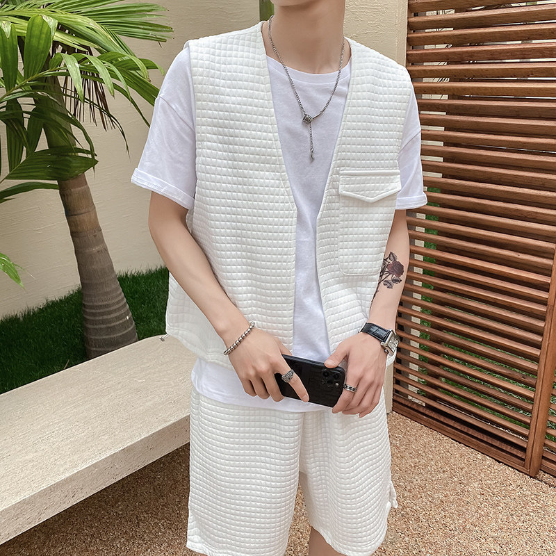 社会风纯色华夫马甲休闲两件套装B297-7723-P105控148,男装休闲套装,电商B297