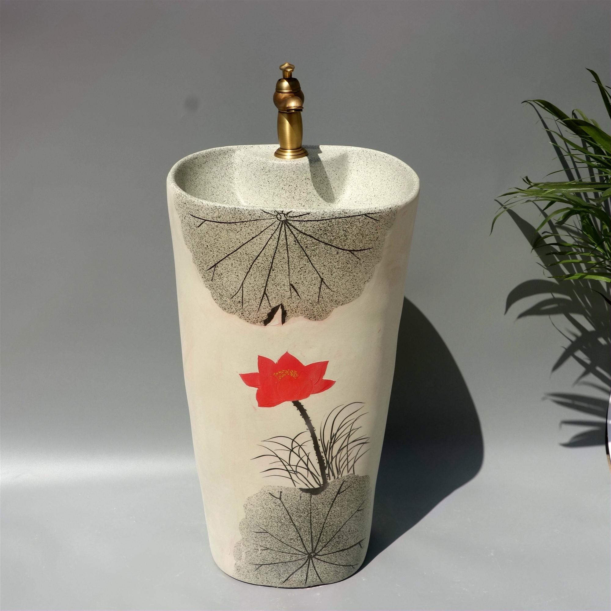 景德镇中式户外陶瓷洗手盆 庭院一体落地立柱盆式花园耐晒耐寒