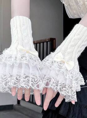 lolita蕾丝手袖女重工花边袖套宴会花嫁蝴蝶结针织半掌洛丽塔手套