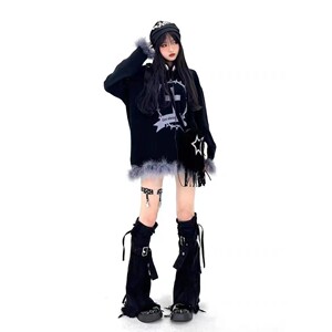 LINLIN【暗系少女】黑色牛仔腿套女百搭拼接绑带袜套拖地牛仔裤潮