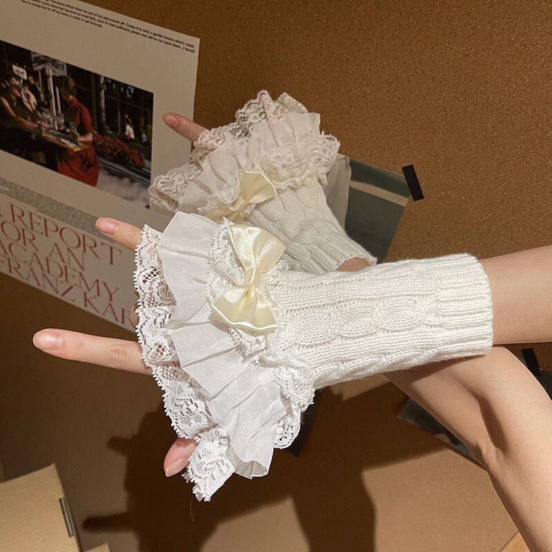 辣妹蕾丝花边蝴蝶结可爱少女针织麻花手袖假袖子手套女