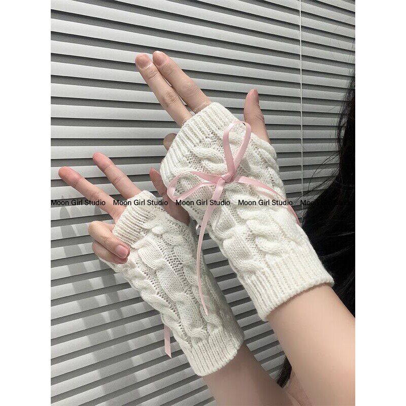 月球少女日系辣妹蝴蝶结针织手套女秋冬保暖防寒毛线半指长款袖套