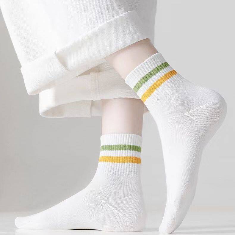 白色袜子女中筒袜夏季薄款纯棉防臭运动ins潮百搭春秋条纹长筒袜