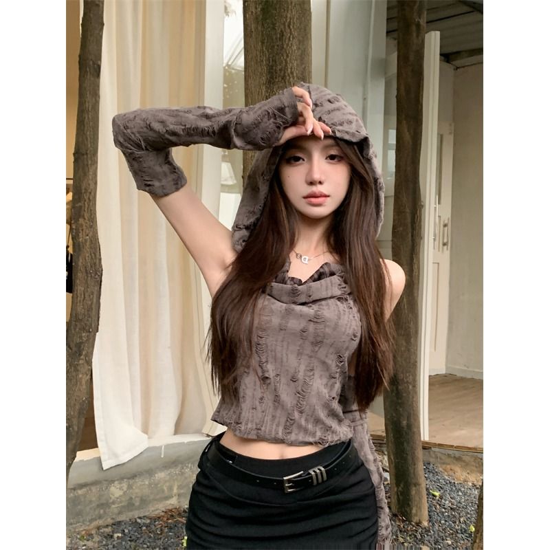 复古做旧破洞连帽T恤女秋季修身显瘦设计感美式辣妹短款袖套上衣