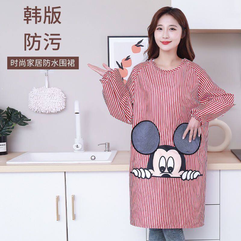 加厚防水长袖罩衣防油厨房家用围裙米奇毛巾口袋工作服时尚反穿衣