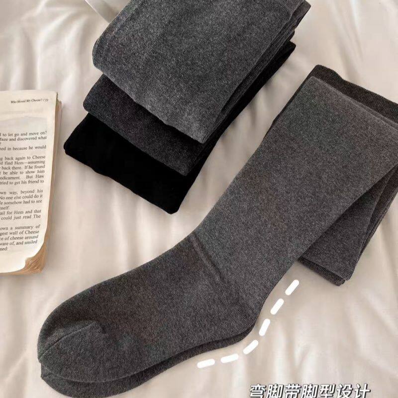 秋冬保暖加厚加绒带袜型脚跟不顶脚棉质竖条连裤袜灰色打底裤袜子
