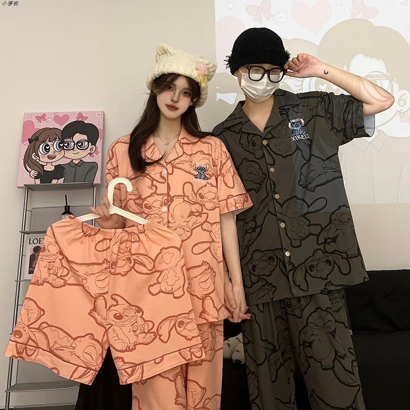 史迪奇睡衣纯棉情侣款夏季卡通一男一女短袖三件套青少年家居服