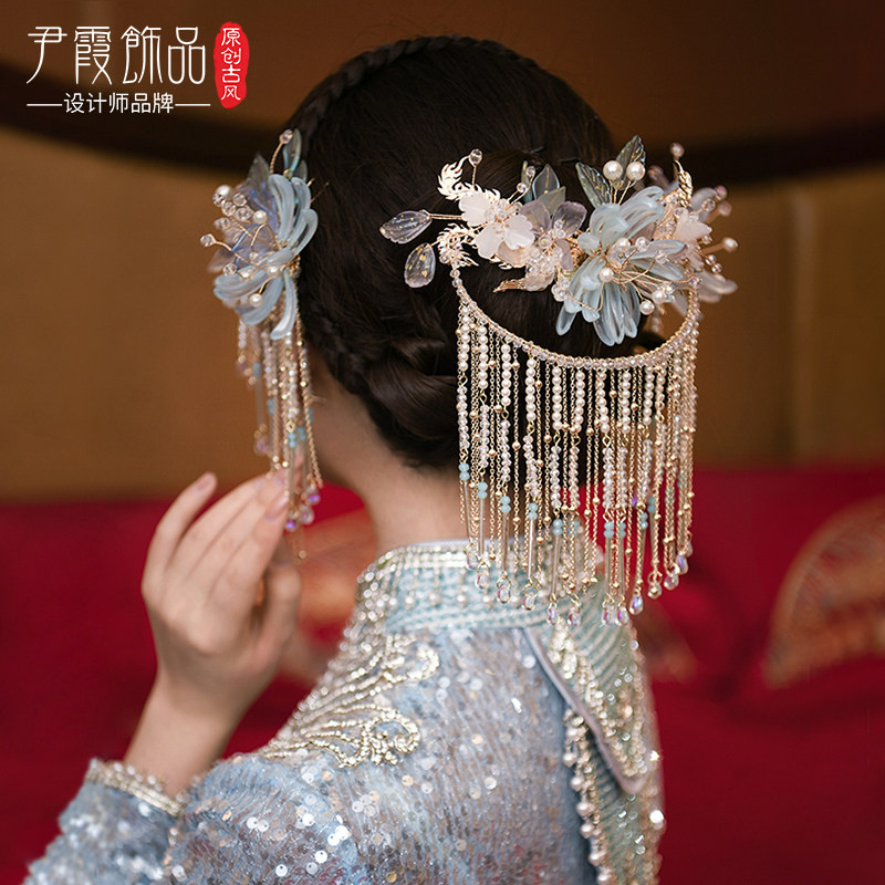 新娘头饰秀禾结婚饰品中式婚礼发饰2022新款超仙蓝色琉璃花手工