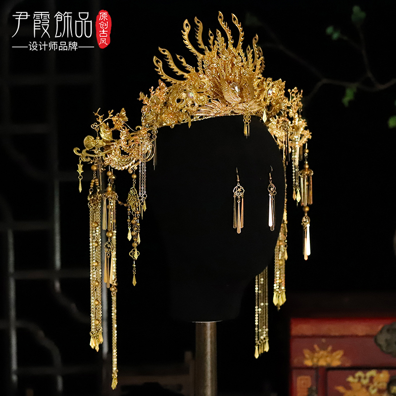 秀禾服头饰凤冠新娘结婚发饰品龙凤褂全金色发冠新款手工半冠新款