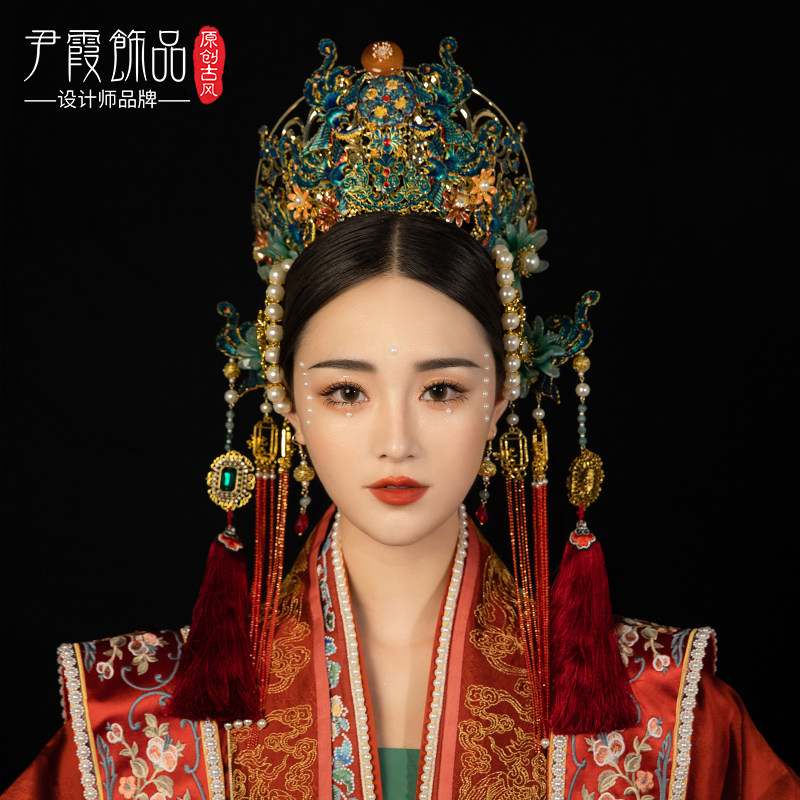 凤冠头饰新娘中式婚嫁圆冠明制汉服皇后婚嫁琉璃步摇红流苏新款