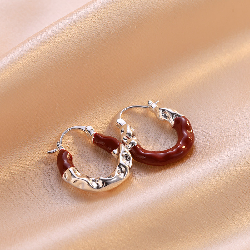 925银针红白滴釉双拼设计感耳圈