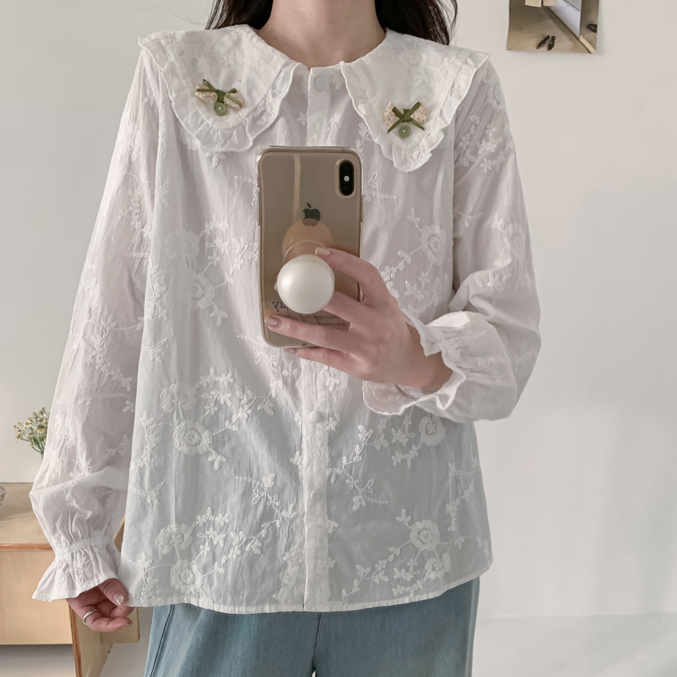 森系文艺小清新重工刺绣娃娃领长袖衬衫女喇叭袖减龄上衣提花衬衣,女装/女士精品,衬衫,淘宝优惠券,粉丝福利购,淘宝优惠卷