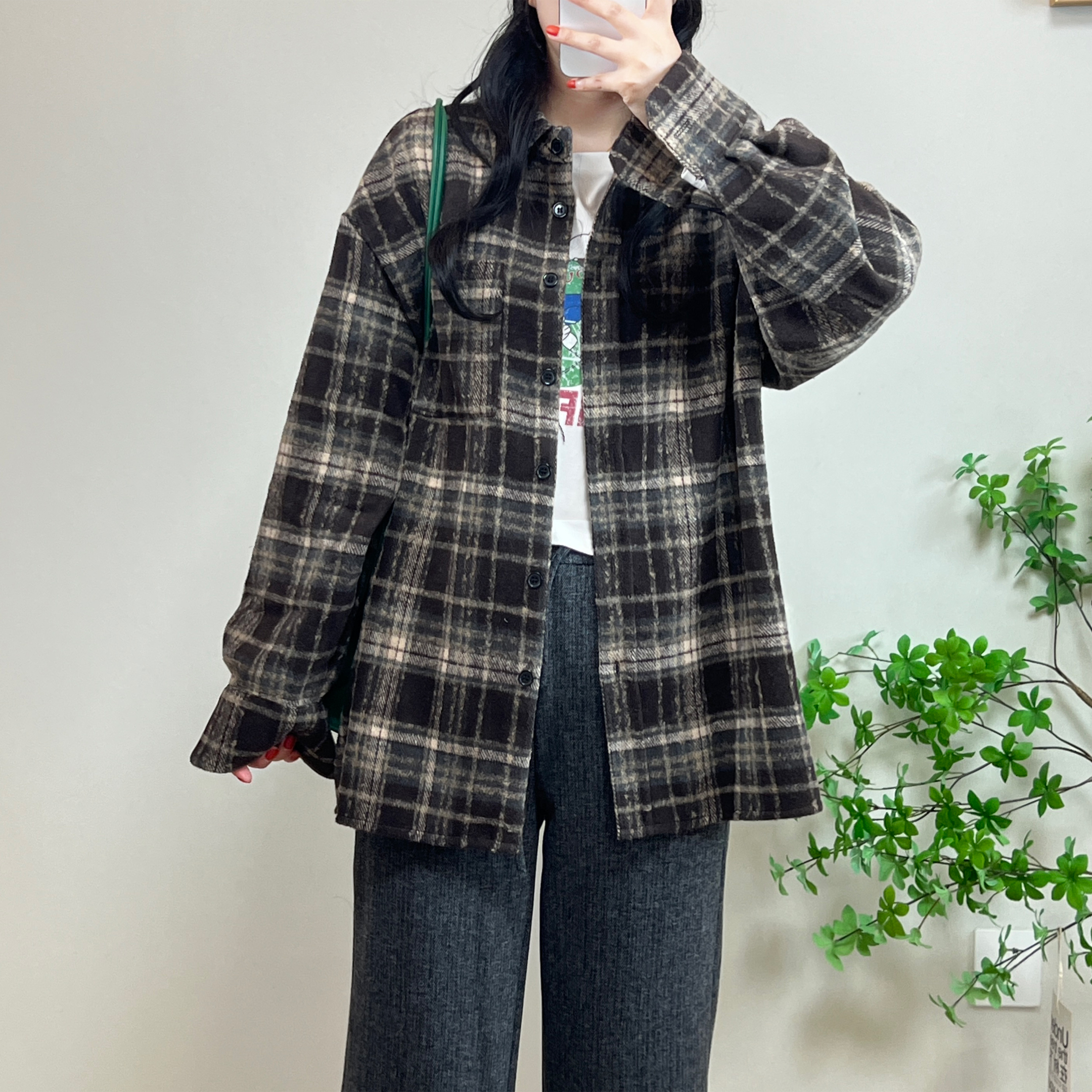 复古格纹毛呢外套中长款宽松风衣撞色慵懒风呢子大衣bf男友风大版