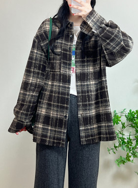 复古格纹毛呢外套中长款宽松风衣撞色慵懒风呢子大衣bf男友风大版