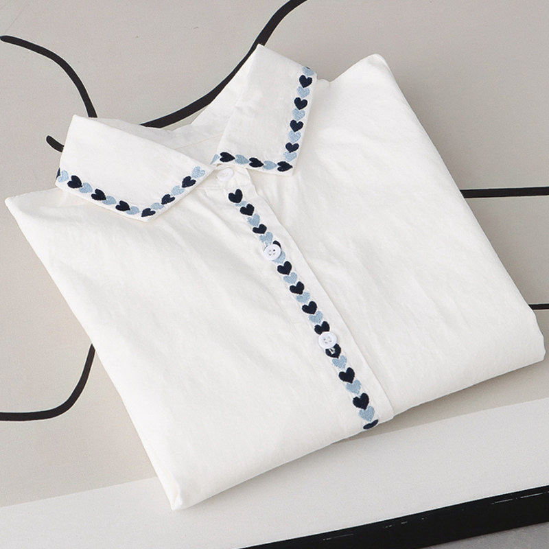 闺蜜岁月春秋领子门襟蓝色爱心刺绣长袖白衬衫文艺设计感衬衣打底,女装/女士精品,衬衫,淘宝优惠券,粉丝福利购,淘宝优惠卷