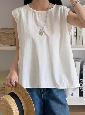 极简文艺风白色无袖背心女夏季宽松显瘦减龄上衣后背系带衬衣马甲