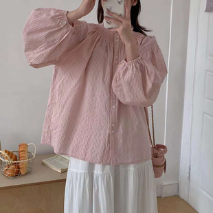 闺蜜岁月春秋款立领竖条纹长袖衬衫女灯笼袖宽松版韩范衬衣小清新