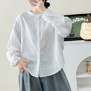 日系休闲双层棉纱衬衫女长袖圆领宽松显瘦茧型百搭龟背衬衣薄外套