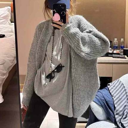 松弛感休闲上衣秋冬粗针拉链加厚针织开衫女慵懒风羊毛毛衣外套