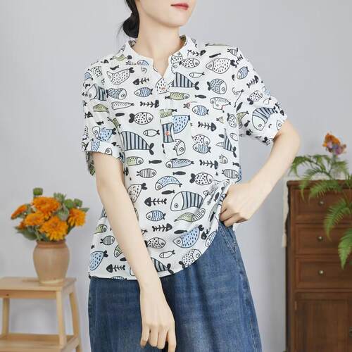 日系卡通鱼印花短袖衬衫夏季纯棉百搭减龄上衣小V领双层棉纱衬衣