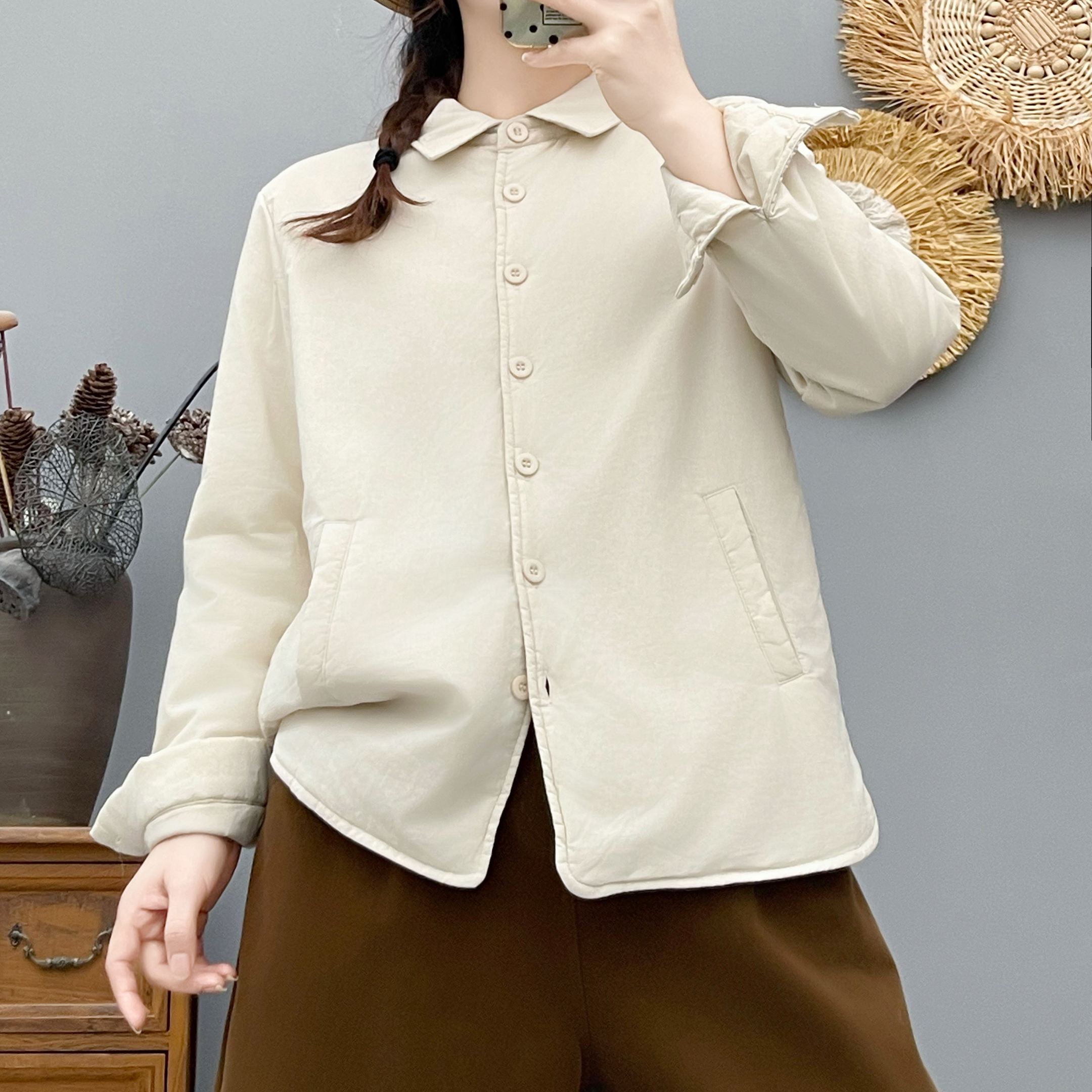 通勤风宽松薄款棉衣女长袖单排扣翻领纯色棉服外套夹棉简约衬衫