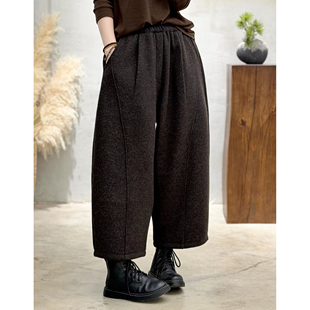 老爹裤 小个子弯刀裤 女宽松显瘦毛呢九分裤 休闲高腰加绒加厚阔腿裤