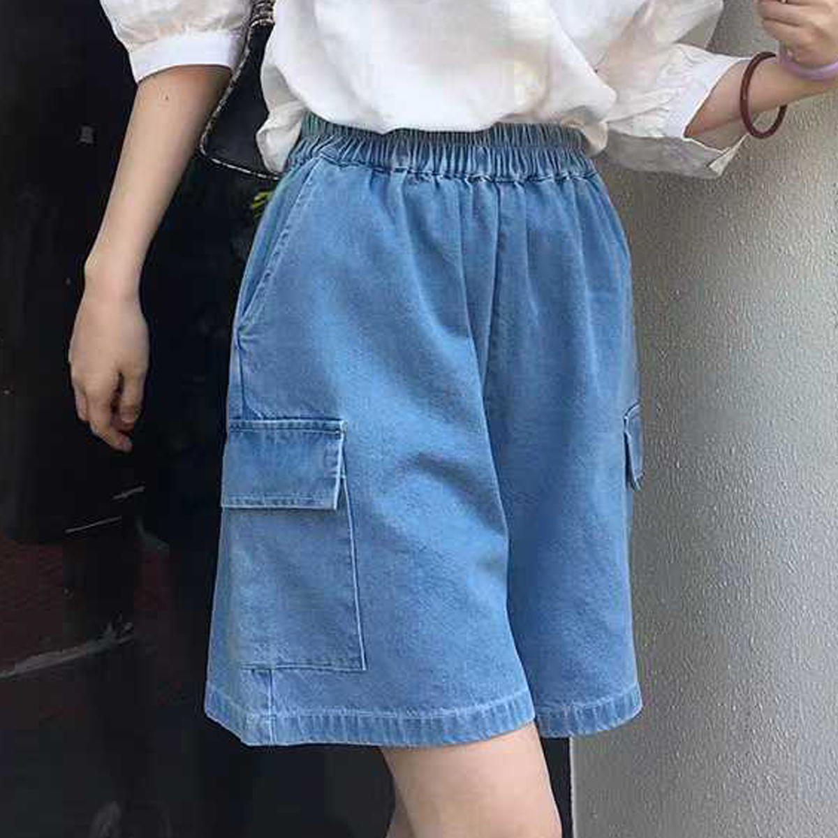 2025夏装牛仔短裤女韩版宽松水洗做旧五分裤松紧腰工装阔腿裤中裤