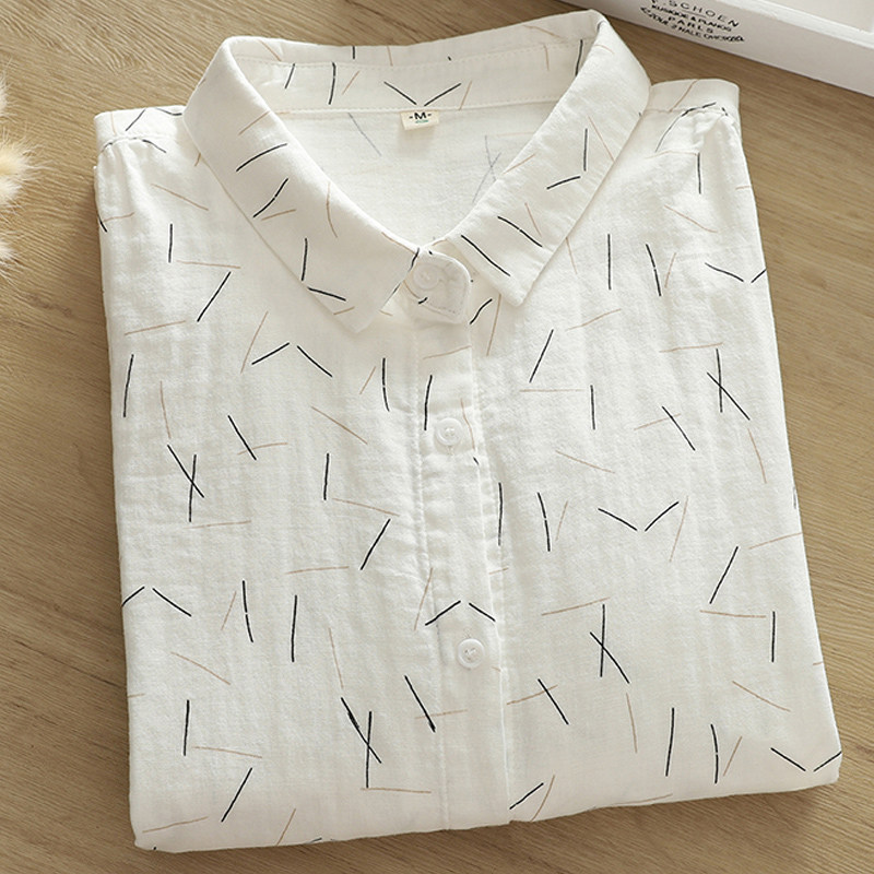 闺蜜岁月早秋新品双层棉纱长袖衬衫女休闲百搭衬衣线条印花白上衣,女装/女士精品,衬衫,淘宝优惠券,粉丝福利购,淘宝优惠卷