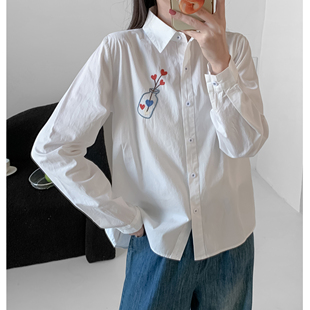 学院风刺绣花瓶花朵衬衫女长袖宽松显瘦翻领百搭防晒上衣打底衬衣