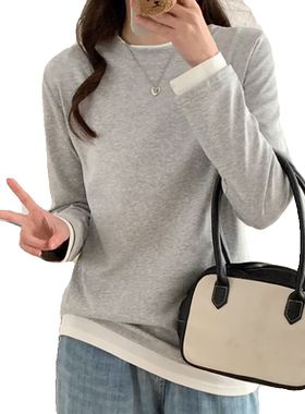 长袖文艺假两件简约T恤女