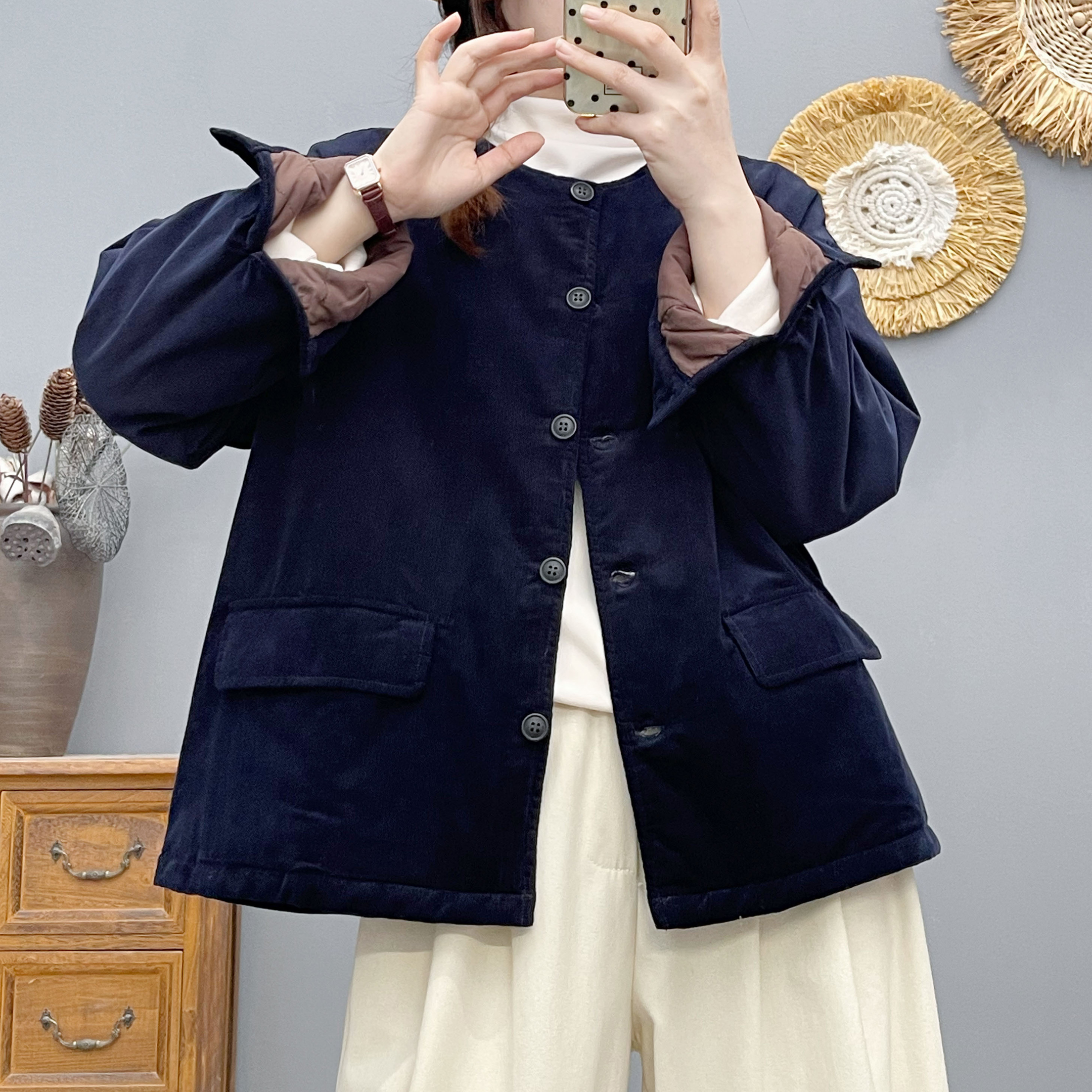 文艺复古灯芯绒夹棉外套女秋冬圆领显瘦百搭保暖棉服口袋棉衣棉袄