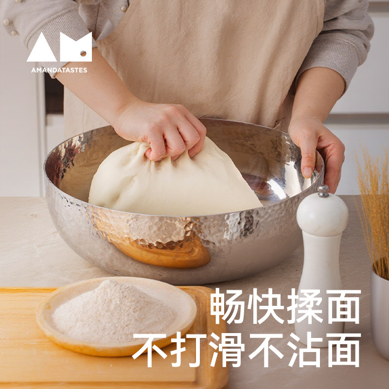 曼食慢语 316不锈钢揉面盆 锤纹多层复合 加厚防滑不沾面 可加热