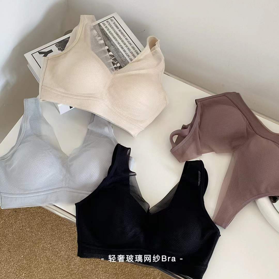 轻奢玻璃网纱bra性感V领丝滑贵妃内衣女士无痕小胸聚拢收副乳文胸