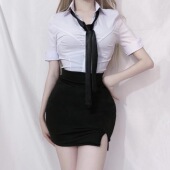 上衣开叉短裙套装 女紧身显胸衬衣短袖 性感收腰职业白衬衫 2022新款