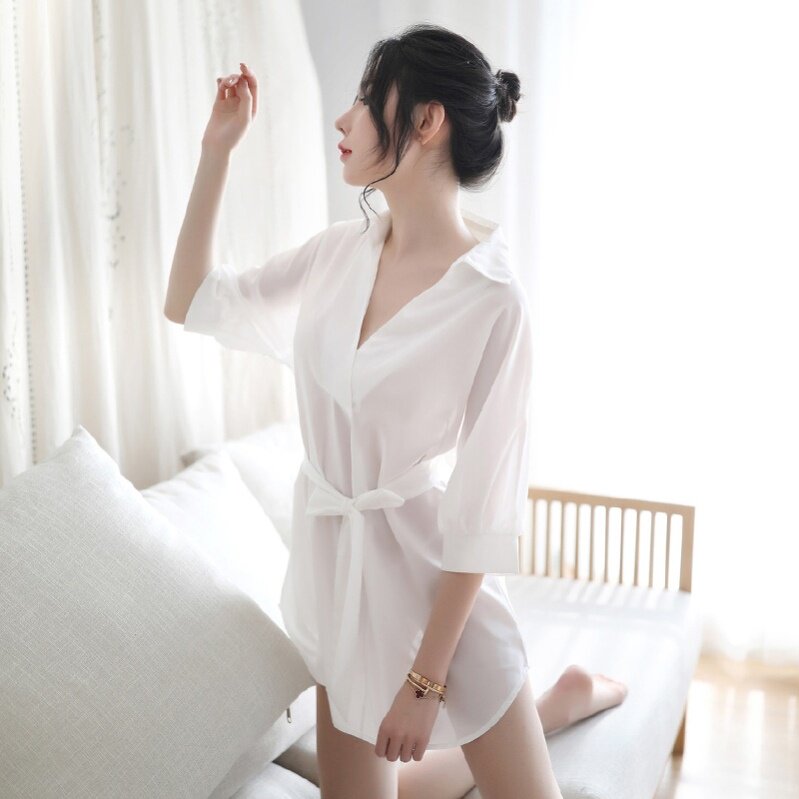 半透明深v系带白衬衫女超薄透视性感情趣睡衣雪纺足浴技师衬衣裙