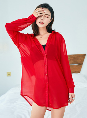大红色衬衫女性感透明长款宽松飘逸现代舞雪纺衬衣舞蹈演出服上衣