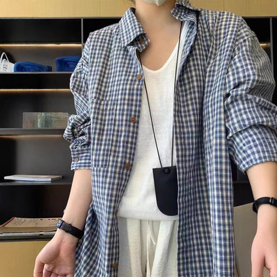 蓝色格子长袖衬衫女春夏秋新款防晒衬衣慵懒风宽松百搭上衣薄