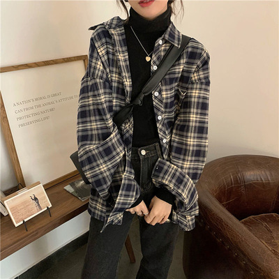 复古慵懒风格子衬衫女高级感棉质