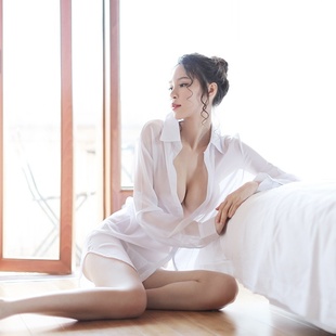 衬衣薄 遮屁股透明雪纺情调睡衣大码 纯欲透视白衬衫 女士性感中长款