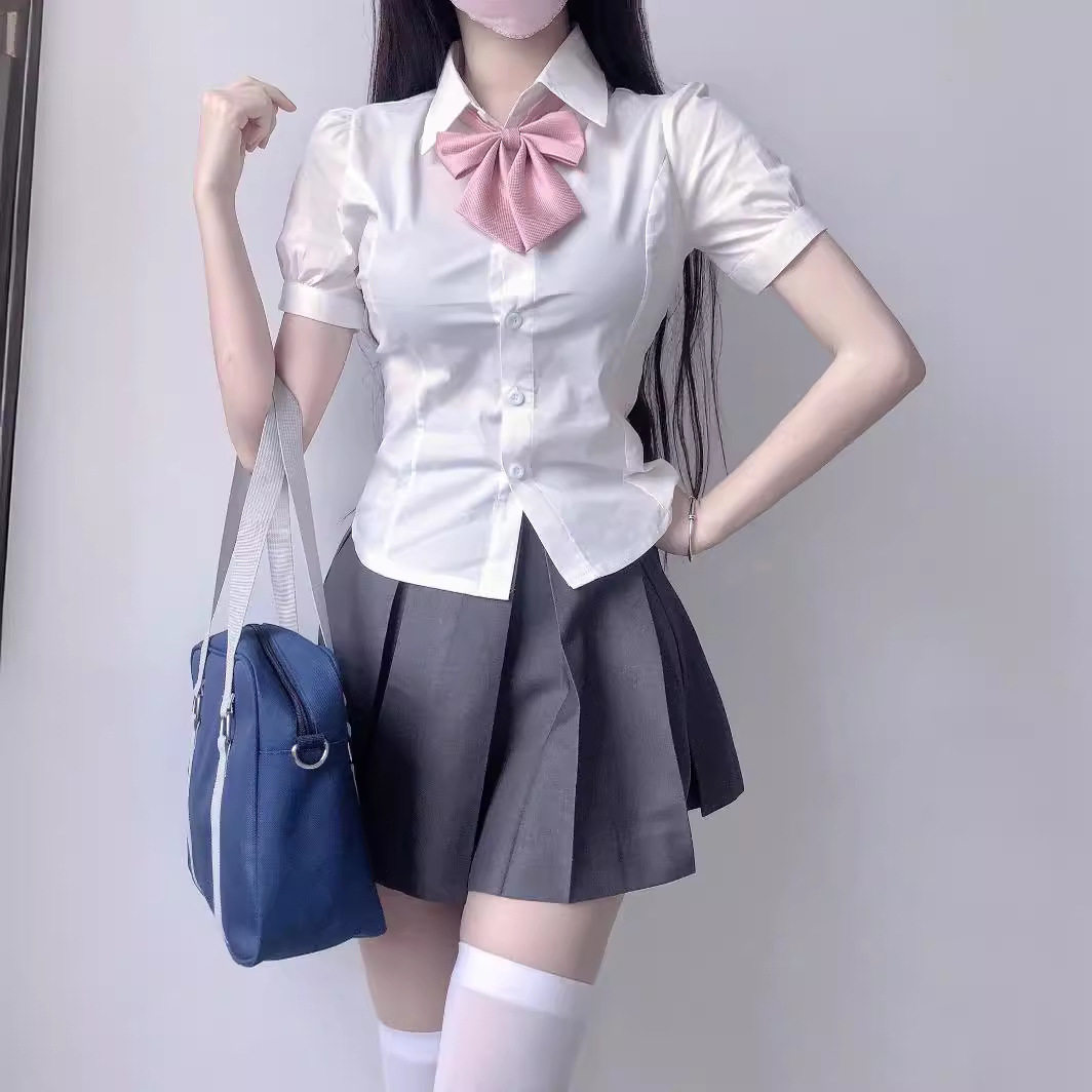 收腰JK制服短袖白色衬衫女学院风性感辣妹直播泡泡袖衬衣百搭上衣