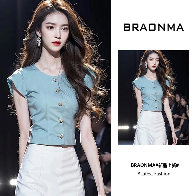 BRAONMA 轻奢洋气~多巴胺蓝色设计感小众独特修身飞飞袖衬衫女夏